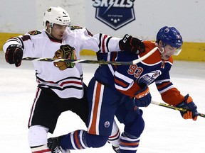 Ryan Nugent-Hopkins, shown here in the Oilers win over the Blackhawks earlier this month, said he looks to incorporate the off-ice professionalism of other stars into his lifestyle. (David Bloom, Edmonton Sun)