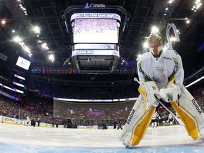 Roberto Luongo of the Florida Panthers and Team Toews looks on prior to the 2015 Honda NHL All-Star Game at Nationwide Arena on January 25, 2015. (Bruce Bennett/Getty Images/AFP)
