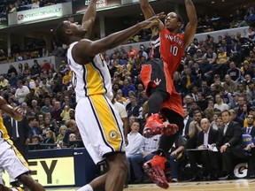 Raptors guard DeMar DeRozan goes up for two against the Pacers in Indianapolis on Tuesday night. He led Toronto with 24 points. (USA Today Sports)