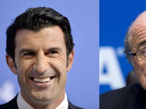 Luis Figo (L) is to challenge incumbent President Sepp Blatter in this year's FIFA presidential election. (AFP PHOTO / FABRICE COFFRINI)