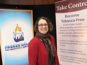 Public health nurse Nicole Szumlanski is part of a project that just sent out 1,000 information packages to businesses in Frontenac, Lennox and Addington to help them put a policy in place to ban smoking at their entrances. (Michael Lea/The Whig-Standard)