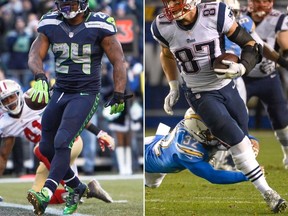 Marshawn Lynch of the Seahawks (left) and Rob Gronkowski of the Patriots (right) are two of the more physically intimidating players set to suit up for the Super Bowl game on Sunday. (USA TODAY Sports/Files)