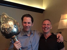 In this photo posted on Jay McKee’s Twitter account, McKee holds the Hart Trophy, which former Buffalo Sabres teammate Dominik Hasek, right, won following the 1996-97 and 1997-98 NHL seasons. The pair were in Buffalo this month when the Sabres retired Hasek’s No. 39.