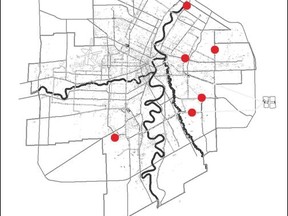 The six locations that tested positive for bacteria Tuesday, Jan. 27, 2015.