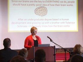 Andrea Gerber speaks about caring for her brain-injured husband at the launch of Year of the Brain 2015 at Parkwood Institute on Wednesday. ?Most people have no idea how their brain works,? she said. (DEREK RUTTAN, The London Free Press)