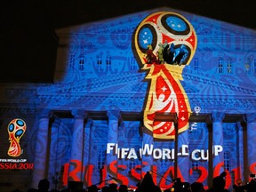 The unveiling ceremony of the official logotype of the 2018 FIFA World Cup at the Bolshoi Theater building in Moscow. (REUTERS/Maxim Shemetov)