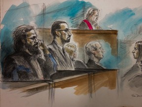 From left, Chiheb Esseghaeir and Raed Jaser listen as Justice Michael Code instructs the jury in University Ave. court Jan. 29, 2015. (Sketch by Pam Davies)