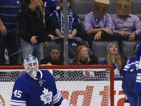 Leafs goalie Jonathan Bernier let in a couple of horrific goals in Toronto's 3-1 loss to the Arizona Coyotes on Thursday night. (Stan Behal/Toronto Sun)