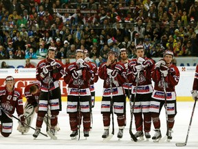 European hockey teams, such as Dynamo Riga seen here at the Spengler Cup in 2011, are known for adding advertisements on their hockey gear to earn additional revenue for their clubs. (Arnd Wiegmann/Reuters/Files)