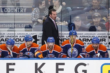 Edmonton interim head coach Todd Nelson rallies his players against Buffalo during the second period of a NHL hockey game between the Edmonton Oilers and the Buffalo Sabres at Rexall Place in Edmonton, Alta., on Thursday, Jan. 29, 2015. Ian Kucerak/Edmonton Sun/ QMI Agency
