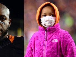 Devon Still (L) walks off the field after a game with "Leah Strong" written on his face. Leah Still (R) attending a game. (Andrew Weber-USA TODAY Sports)