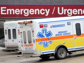 Ambulances sit outside St. Boniface Hospital earlier this week. (Brian Donogh/Winnipeg Sun)