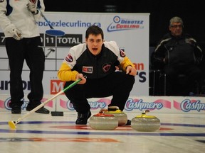 Northern Ontario skip and Sudbury native Tanner Horgan gives instructions to his sweepers during play at the M&M Canadian Juniors in Corner Brook, Nfld., on Thursday night.