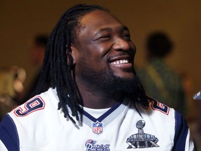New England Patriots running back LeGarrette Blount speaks to reporters during the New England Patriots press conference. (Peter Casey-USA TODAY Sports)