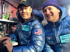 Pilots Troy Bradley (left) and Leonid Tiukhtayev sit in the capsule of the Two Eagles balloon before setting off on their attempt to cross the Pacific in Saga, Saga Prefecture, Jan. 25, 2015. (TAMARA BRADLEY/Two Eagles Balloon Team/Handout via Reuters)
