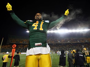 Odell Willis, seen here celebrating the Eskimos' West semifinal victory over the Roughriders, was signed to a contract extension Friday. (Perry Mah, Edmonton Sun)