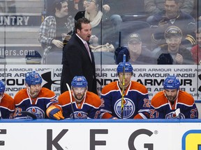 Edmonton interim head coach Todd Nelson rallies his players against Buffalo during the second period of a NHL hockey game between the Edmonton Oilers and the Buffalo Sabres at Rexall Place in Edmonton, Alta., on Thursday, Jan. 29, 2015. Ian Kucerak/Edmonton Sun/ QMI Agency