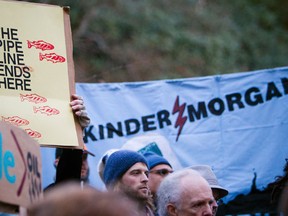 Demonstrators hold signs while protesting against the proposed Kinder Morgan pipeline on Burnaby Mountain in Burnaby, British Columbia November 17, 2014. REUTERS/Ben Nelms