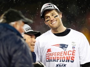 New England Patriots quarterback Tom Brady (12) smiles after beating the Indianapolis Colts in the AFC Championship Game at Gillette Stadium. (Greg M. Cooper/USA TODAY Sports)