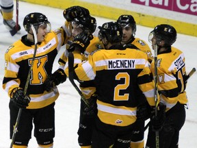 Centreman Conor McGlynn scores the Kingston Frontenacs' first goal of the game against the Sarnia String at the KRock Centre in Kingston, Ont. on Saturday January 31, 2015.  Steph Crosier/Kingston Whig-Standard/QMI Agency