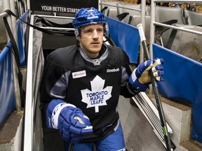 Dion Phaneuf of the Toronto Maple Leafs walks through a tunnel to the ice  at the Air Canada Centre in Toronto on Jan. 9, 2015. (CRAIG ROBERTSON/Toronto Sun files)