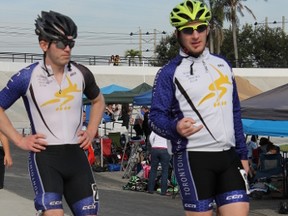 Travis Shaw and Peter Doucet (yellow and green helmet) of Toronto are pictured at the Conferacion Panamericana of Roller Sports meet in Florida.