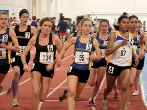 Laurentian runners Marissa Lobert (left), Katie Wismer, Kayla Gallo, Michelle Kennedy take off at the start of the 1,500 metres race at the York Open indoor track on the weekend.