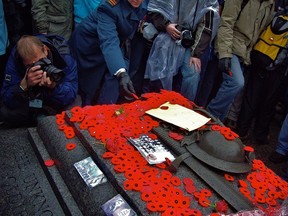 Poppies are placed on the Tomb of the Unknown Soldier.