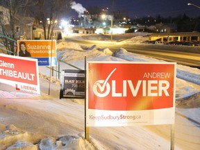 Gino Donato/The Sudbury Star
Election signs crowd a property on Paris Street. The byelection takes place on Feb. 5.