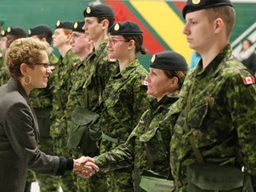 JOHN LAPPA/The Sudbury Star
Ontario Premier Kathleen Wynne visited the 2nd Battalion, Irish Regiment of Canada at the Sudbury Armoury on Saturday. The regiment is celebrating their centennial year.