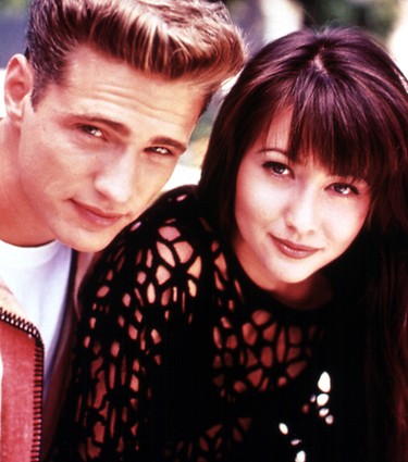 Shannen Doherty and Jason Priestley from Beverly Hills 90210.PLAYED: Brenda and Brandon Walsh (they played twins). ROMANCE: There were a lot of co-star hookups on the ‘90s teen soap, and reportedly, Priestley and Doherty were included on this long list. It fizzled out fast and Priestley went on to date another 90210 co-star Christine Elise (Emily Valentine) while Doherty crashed and burned in a five-month marriage to George Hamilton’s son.