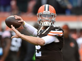 Johnny Manziel #2 of the Cleveland Browns throws a pass during warmups prior to the game against the Cincinnati Bengals at FirstEnergy Stadium on December 14, 2014 in Cleveland, Ohio. (Jason Miller/Getty Images/AFP)