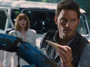 Chris Pratt in a scene from Jurassic World, opening June 12.