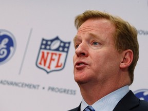 Roger Goodell, Commissioner of the National Football League (NFL) speaks at a news conference announcing the Head Health Initiative, a collaboration between General Electric (GE) and the National Football League (NFL), in New York March 11, 2013. (REUTERS)