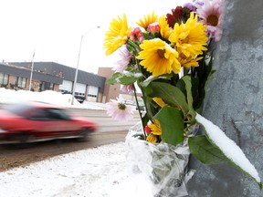 Flowers have been set up Wednesday Feb. 6, 2013, at the 156 Street and 110 Avenue crosswalk following a Feb. 4, 2012 fatal car pedestrian collision, in Edmonton, Alberta. David Bloom/Edmonton Sun/ QMI Agency