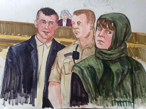 John Nuttall (left) and Amanda Korody (right) are depicted during their terror trial in this courtroom sketch in Vancouver, Feb. 2, 2015. (FELICITY DON/Reuters)