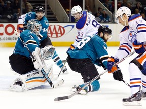 Jordan Eberle scored the Oilers first and second goals against the Sharks Monday in San Jose. (USA TODAY SPORTS)