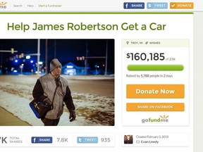 The donation page for James Robertson, a man who walks 34 km a day to and from work because he doesn't have a car.
(Screenshot from GoFundMe page)