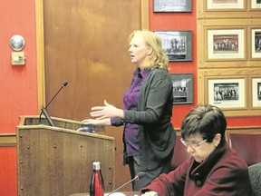 BRUCE BELL/The Intelligencer
Robin McCleave, vice-president of insurance and risk management for BFL Canada, gave Prince Edward County’s committee of the whole an update on the municipality’s insurance policies. Prince Edward’s commissioner of corporate services and finance Susan Turnbull listens on.