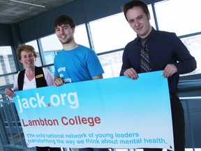 Lambton College students with the campus Jack.org chapter have created a viral video to raise awareness around mental health. Pictured here are faculty advisor Charlene Mahon, student member Adam Wilson and videographer Derek Lamoureux. BARBARA SIMPSON/THE OBSERVER/QMI AGENCY