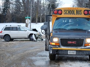 This school bus collided with a Mitsubishi crossover at the intersection of the Burford-Delhi Townline Road and the Windham West Quarter Line Road west of Kelvin Tuesday afternoon. There were no reports of injury. (MONTE SONNENBERG / SIMCOE REFORMER)