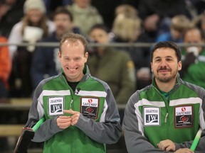 Skip Sean Grassie (left) and third Corey Chambers played Jeff Stoughton in the final of the Safeway Championship in 2013.