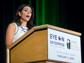 Manjit Minhas, president of Mountain Crest Liquors Inc., speaks to a crowd at Eye On Enterprise, a conference to encourage big-picture thinking among entrepreneurs, at the London Convention Centre on Tuesday. Minhas built up a brewery into a $150 million business, the 10th-largest in the world, and is considered an up-and-coming CEO. (CRAIG GLOVER, The London Free Press)