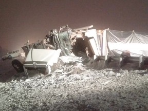 A trucker from Arnprior died in this crash along Hwy. 401 near Whitby Tuesday night. The driver of the other vehicle involved is charged with impaired driving causing death. He was not hurt. (OPP submitted image)