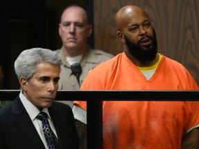 Rap mogul Suge Knight is pictured with attorney David E. Kenner (L) in court during his arraignment on murder charges at the Compton Courthouse in Compton, California February 3, 2015. Knight has been charged with murder after his arrest last week on suspicion of running over two men in a parking lot following a fight outside a Compton restaurant.  REUTERS/Paul Buck/Pool
