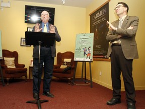Artistic Director and Co-Founder of the County Theatre Group Inc. John Burns, left, and Greg Garrett, secretary and co-founder announce Lt. Gov. of Ontario Elizabeth Dowdeswell has accepted to attend the opening night show of the 15th anniversary production of The Pirates of Penzance, at The Regent Theatre in Picton, Ont. Wednesday, Feb. 4, 2015.