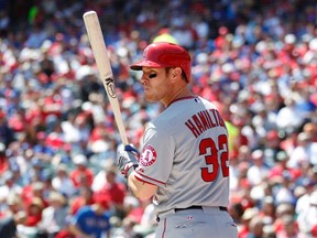 Los Angeles Angels outfielder Josh Hamilton bats against the Texas Rangers during MLB play in Arlington, Tex., April 5, 2013. (REUTERS/Mike Stone)