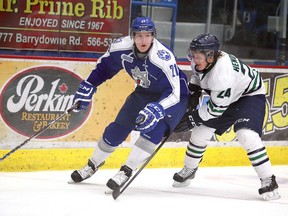 Sudbury Wolves forward Pavel Jenys gets a step on a Plymouth Whalers defender during OHL action at Sudbury Community Arena on Wednesday night.