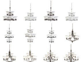 This image shows 12 versions of the recalled Sea Gull chandeliers. (U.S. Consumer Product Safety Commission photo)