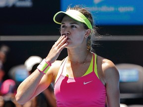 Eugenie Bouchard of Canada blows a kiss to the crowd after defeating Irina-Camelia Begu of Romania to win their women's singles fourth round match at the Australian Open 2015 tennis tournament in Melbourne January 25, 2015. (REUTERS)